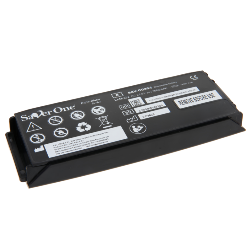 SAV-C0904 GALAXY ELECTRONICS LiMNo2 defibrillator battery, Saver One SAV-C0904 (formerly SAV-C0903), 24.0 volts, 3.0 Ah, 72 Wh.