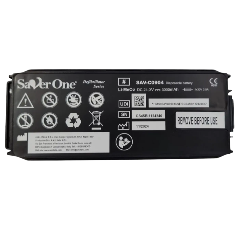 SAV-C0904 GALAXY ELECTRONICS LiMNo2 defibrillator battery, Saver One SAV-C0904 (formerly SAV-C0903), 24.0 volts, 3.0 Ah, 72 Wh.