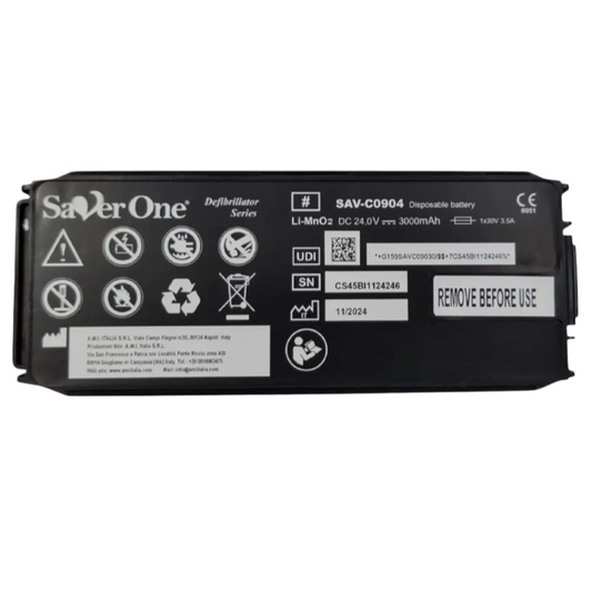 SAV-C0904 GALAXY ELECTRONICS LiMNo2 defibrillator battery, Saver One SAV-C0904 (formerly SAV-C0903), 24.0 volts, 3.0 Ah, 72 Wh.