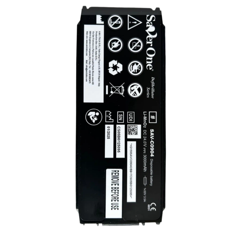 SAV-C0904 GALAXY ELECTRONICS LiMNo2 defibrillator battery, Saver One SAV-C0904 (formerly SAV-C0903), 24.0 volts, 3.0 Ah, 72 Wh.