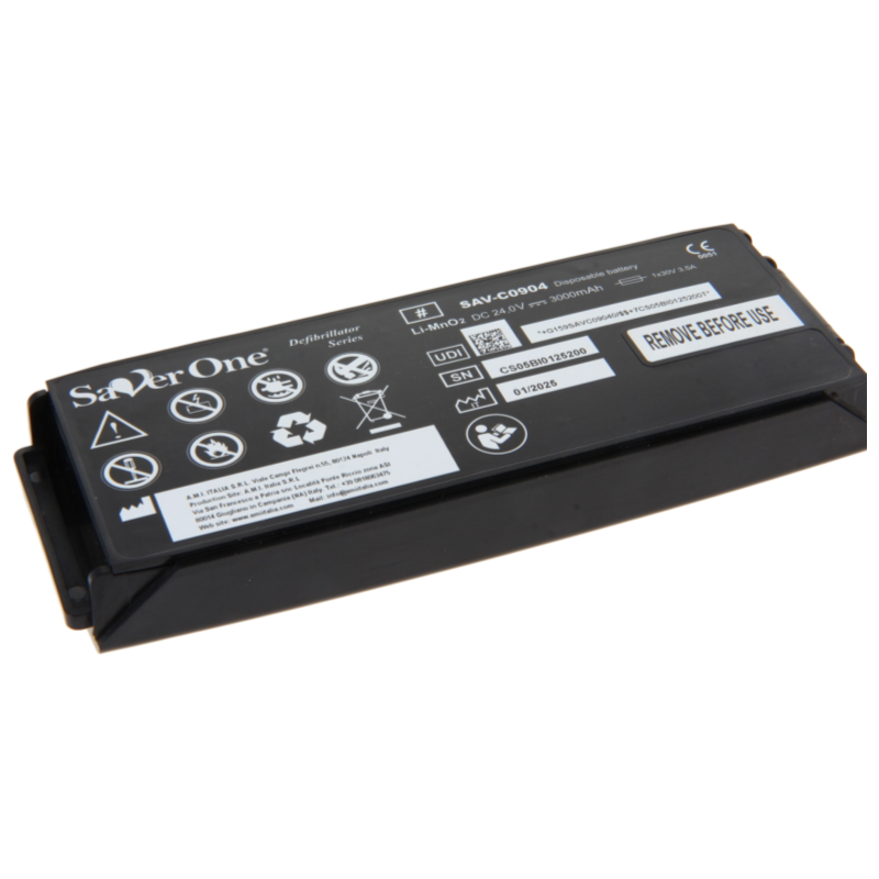 SAV-C0904 GALAXY ELECTRONICS LiMNo2 defibrillator battery, Saver One SAV-C0904 (formerly SAV-C0903), 24.0 volts, 3.0 Ah, 72 Wh.
